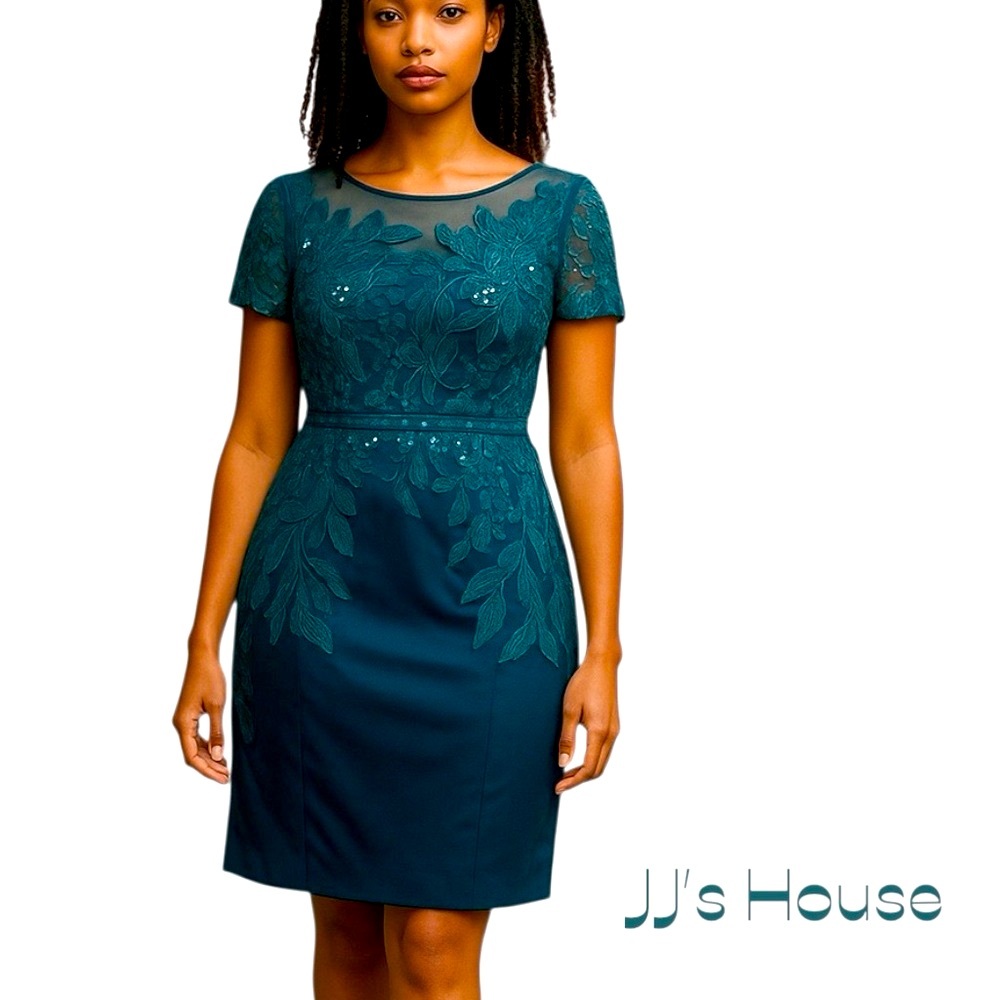 JJs House Teal Lace Appliqué Short Sleeve Sheath Dress